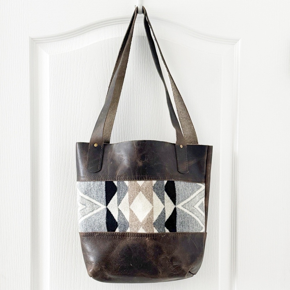 RH/MT Handcrafted Leather Tote bag With a woven Wool geometric panel